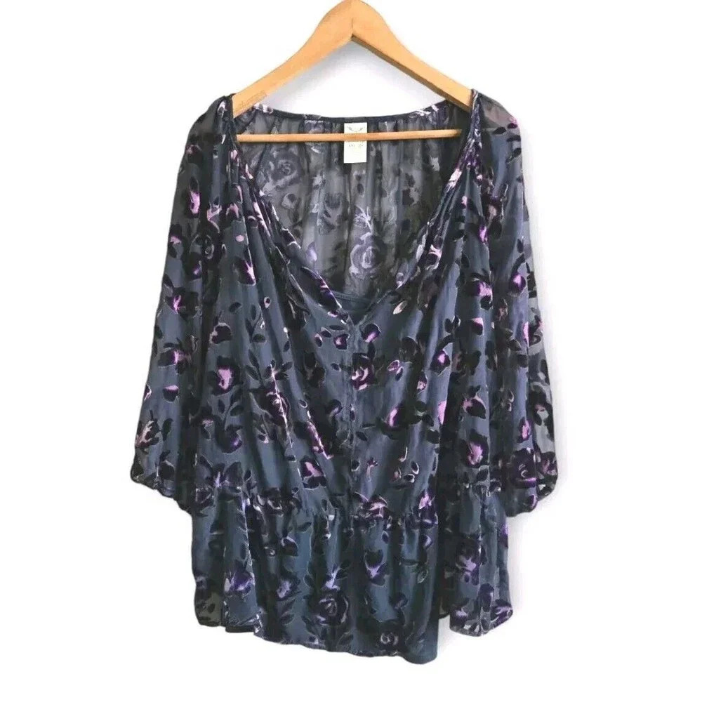 Faded Glory Top Women's 2XL Blue Purple Floral Velour Burnt Out Sheer Lined